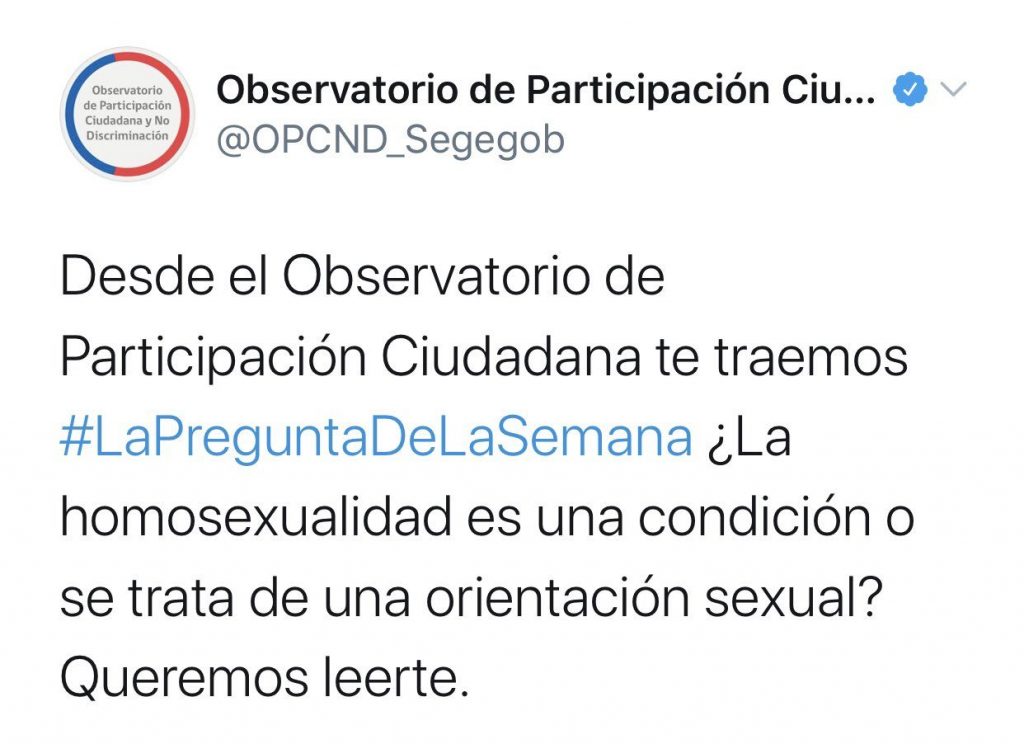 «¿La homosexualidad es una condición o una orientación?»: La insólita pregunta del Observatorio de Participación Ciudadana y No Discriminación
