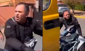 VIDEO| Motociclista fractura nariz a conductora de furgón escolar frente a niños y escapa