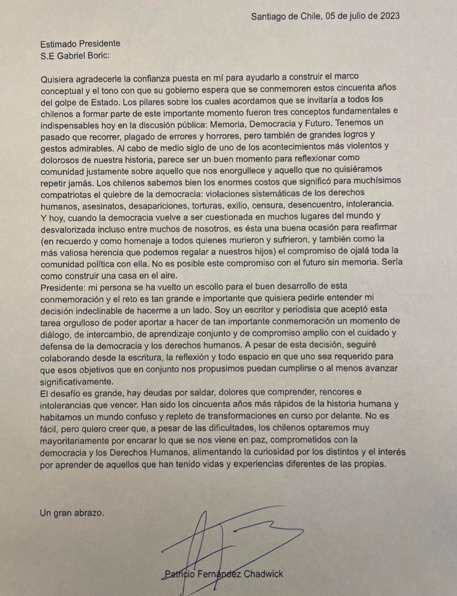 Carta de renuncia de Patricio Fernández