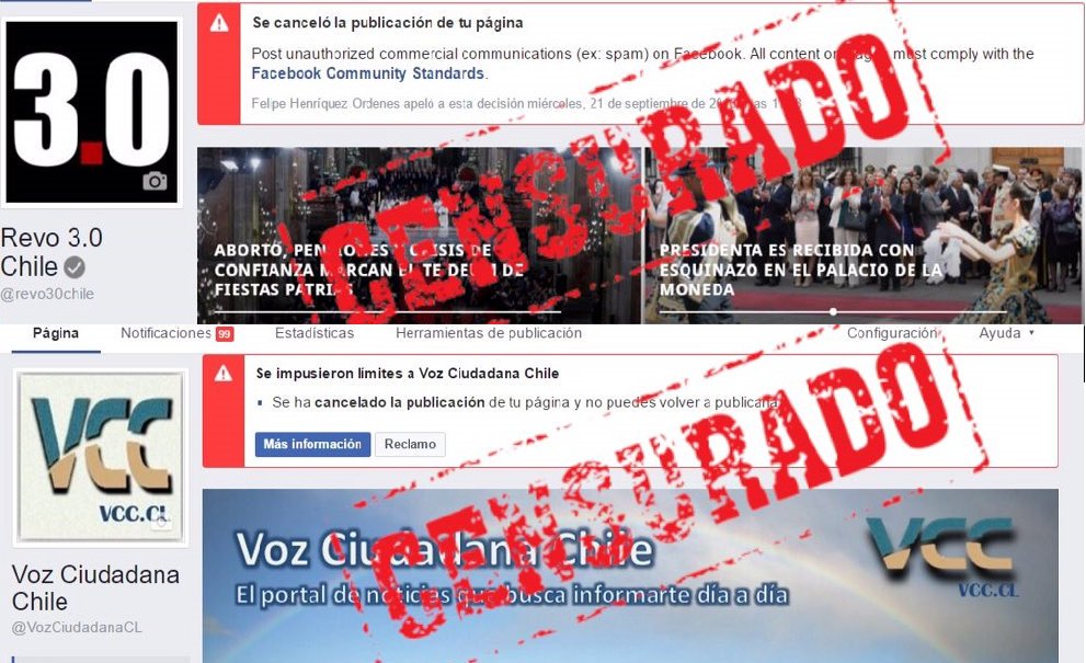 Facebook cierra sin ninguna explicación las fanpage de Voz Ciudadana Chile y Revo 3.0 Chile