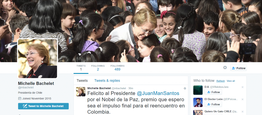 Michelle Bachelet abrió una cuenta de Twitter (y la inauguró felicitando a Santos por el Nobel de la Paz)