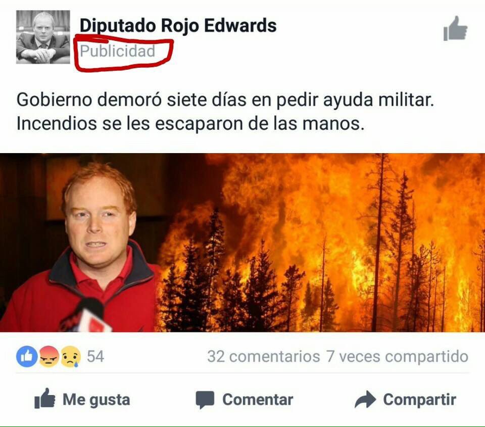 REDES| Cuestionan a Rojo Edwards por pagar publicidad en Facebook para criticar al Gobierno tras incendios