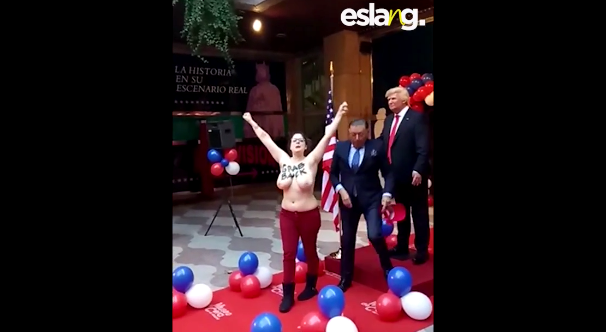 VIDEO| Feminista protesta a torso desnudo durante inauguración de estatua de Donald Trump