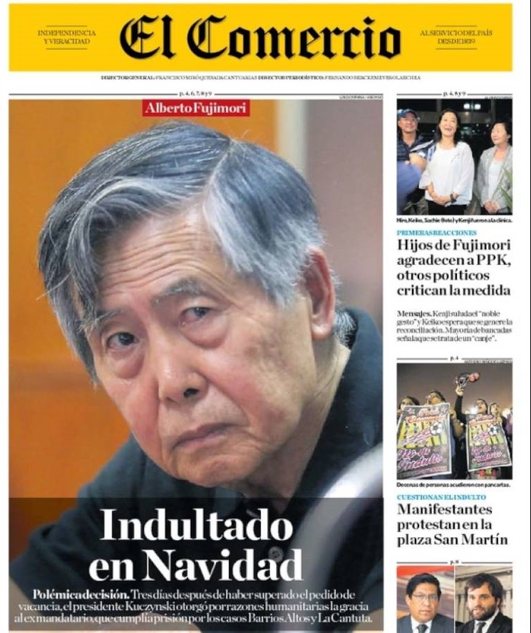 «Indultado en Navidad»: Así titularon los principales medios peruanos el sorpresivo perdón de PPK a Fujimori