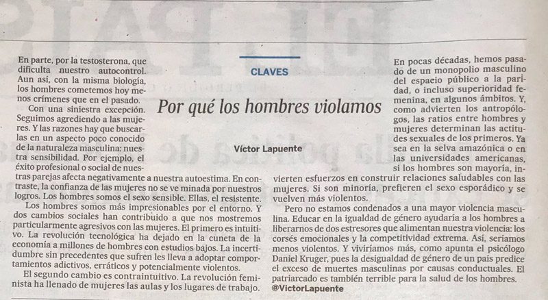 Columnista español atribuye la violación a la testosterona: «Dificulta nuestro autocontrol»