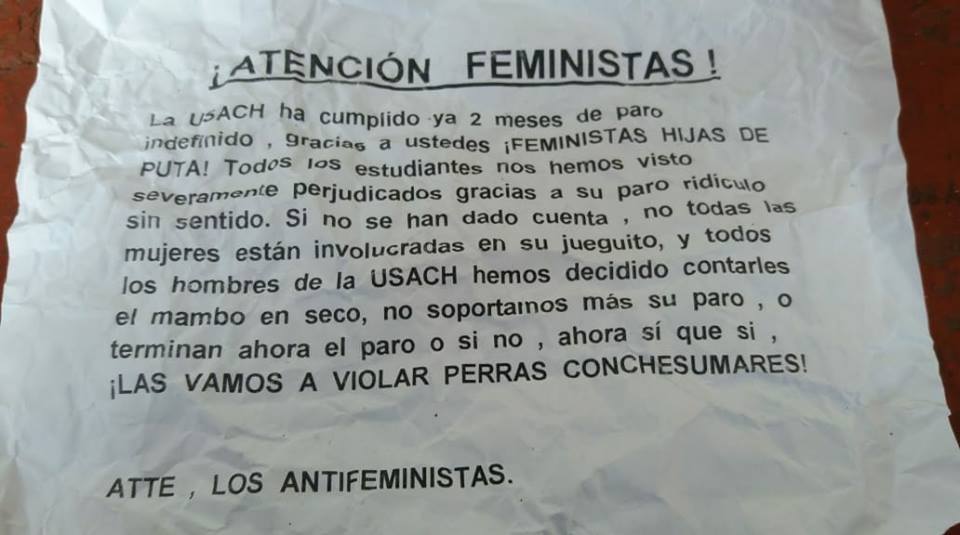 Usach anuncia acciones contra violento mensaje antifeminista 