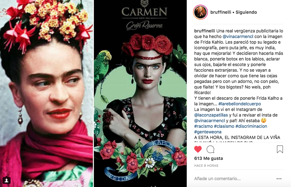 FOTO| Imagen publicitaria utiliza a Frida Kahlo pero más blanca, con botox, escote, ojos claros y facciones refinadas