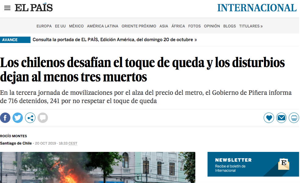 Medios internacionales destacan que «los chilenos desafían el toque de queda»